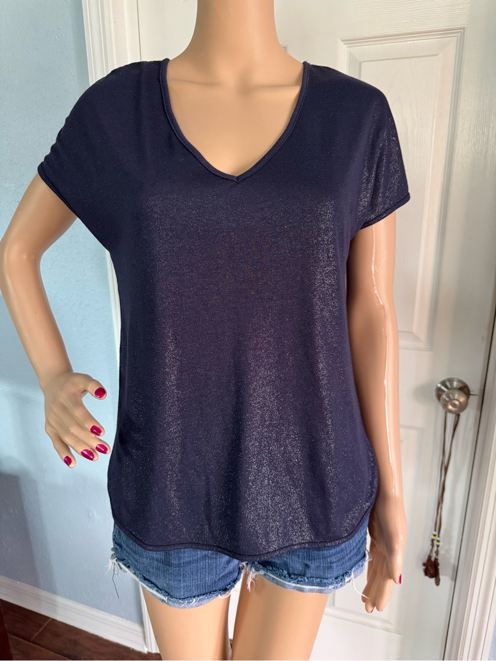 Banana Republic Navy Shimmer V-Neck Short Sleeve Tee